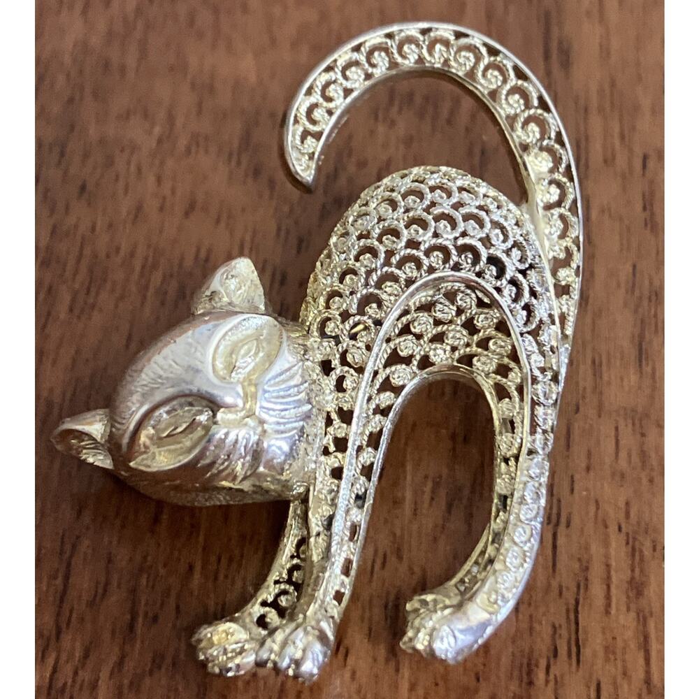 Vintage Scaredy Cat Sterling Silver Filigree Brooch Pin Germany Halloween Signed
